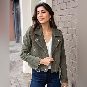 BLANK NYC Faux Suede Moto Cropped Jacket Army Green Size Small